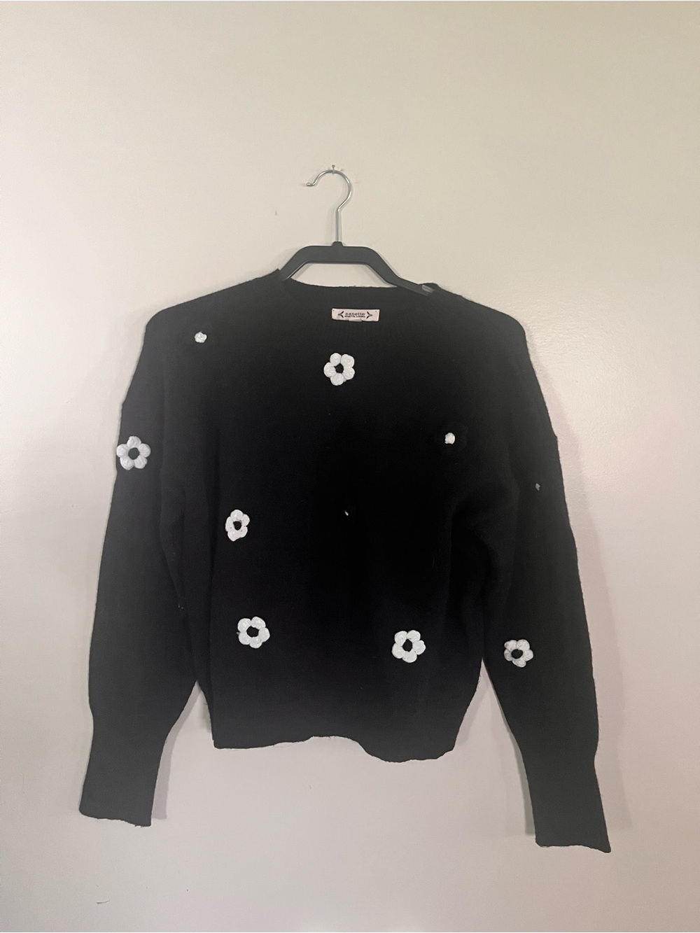 Nanette Lepore Sweater Black Crewneck Flower Pom Poms L